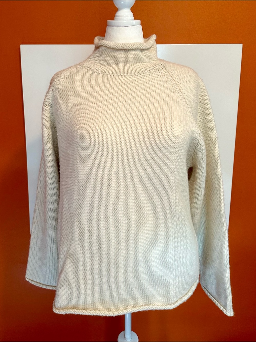 Vintage 90s J Crew 100% Wool Roll Neck Sweater Cream Oarsman Tag Large